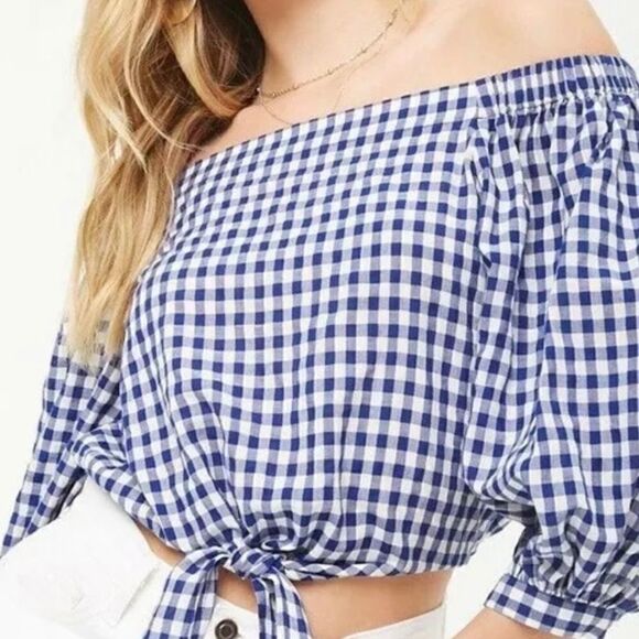 EUC Forever 21 Blue Gingham Off Shoulder Top Small - Picture 3 of 3